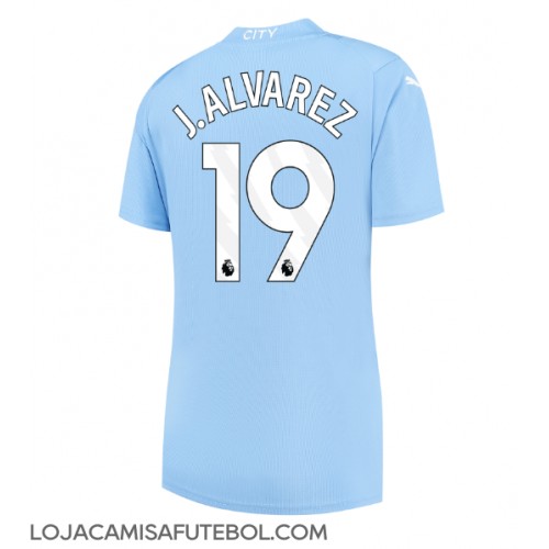 Camisa de Futebol Manchester City Julian Alvarez #19 Equipamento Principal Mulheres 2023-24 Manga Curta